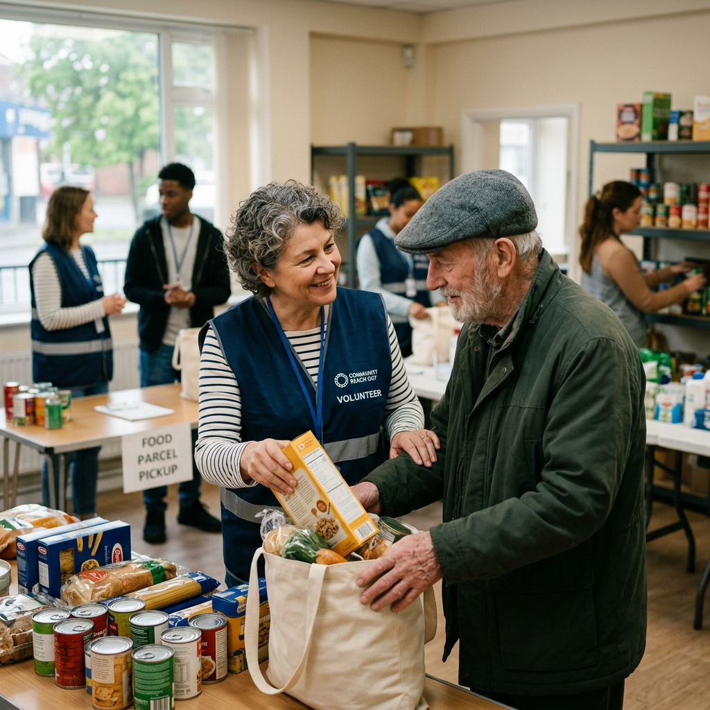 Volunteer handing a box of cereal to elderly man at food bank